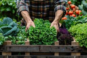 Farmer keeps fresh vegetables in a wooden box in the garden, healthy and organic food concept photo