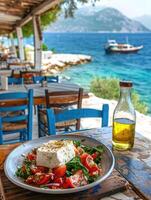 Greek salad with feta cheese and olive oil on plate. Greek healthy food photo