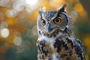 Portrait of an Owl. Cute wild owl on nature background. photo