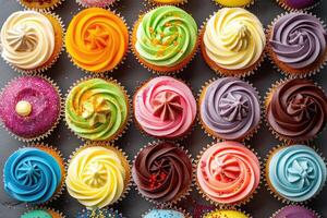 Assorted colorful cupcakes arranged closely photo