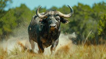 Angry buffalo in african savannah photo