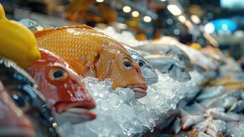 Fresco pescado en hielo a un Mariscos mercado puesto foto