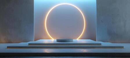 Modern neon circle light and podium in a minimalistic room for product placement display. photo