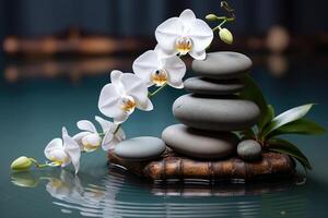 Spa stones, bamboo branches and white orchid photo