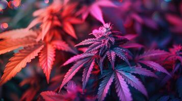 Marijuana plant growing under color lighting. Colored neon large leaves and buds of cannabis hemp. photo