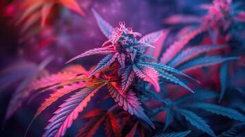 Marijuana plant growing under color lighting. Colored neon large leaves and buds of cannabis hemp. photo