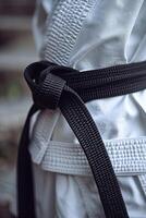 Karate black belt on white uniform photo