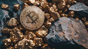 Bitcoin coin on a bed of gold nuggets photo