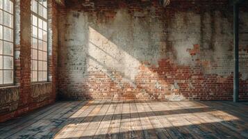 An expansive and empty warehouse interior with a striking orange brick wall and industrial windows photo