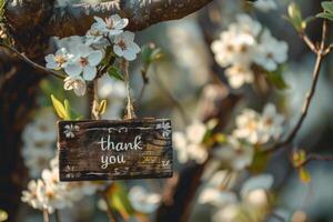 Thank you sign amidst spring blossoms in high detail photo