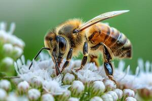 Close-up of a honeybee on white flowers photo