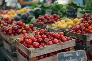 Organic cherries on the market. photo