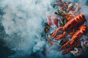 Assorted seafood on ice with steam photo