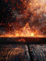 Wooden table with fire burning at the edge of the table on a dark background to display products photo