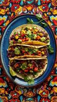 Mexican tacos with guacamole and vegetables in a blue plate on a Mexican bright embroidered tablecloth photo