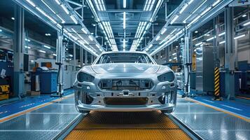 coche cuerpo en un automotor montaje línea en un fábrica antes de pintar es aplicado. movimiento de vehículos a lo largo el producción línea a el planta. foto