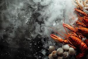 Assorted seafood on ice with steam photo