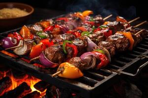 Skewers of meat on the grill with onions and peppers. photo