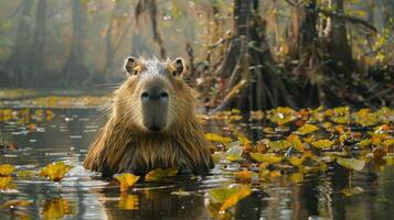 Capybara in water in natural environment photo