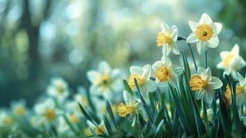Beautiful panoramic spring nature background with daffodil flowers photo