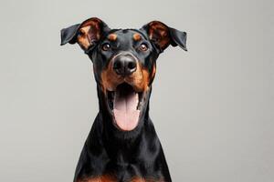 Doberman pinscher posing with open mouth photo