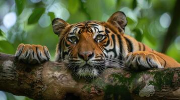 Tiger on a tree in the green jungle of central India photo