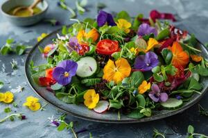 Fresh salad of spring vegetables decorated with edible flowers photo