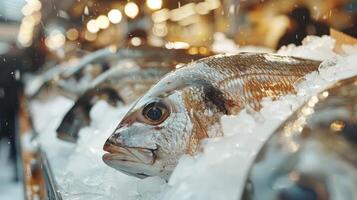 Fresh fish on ice at a seafood market stall photo