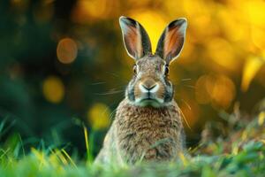 Brown rabbit standing in field. photo