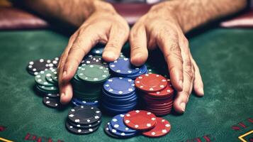 Stacks of poker chips on a casino table photo