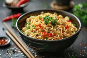 Cooked instant noodles sprinkled with spices, vegetables, herbs. Asian noodle soup ramen on wooden chopsticks photo