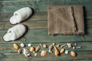 variety of sea shells on a wooden background photo