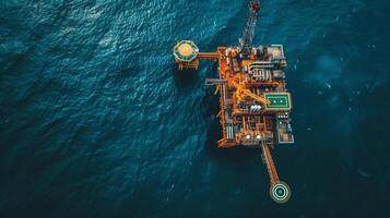 parte superior ver de un petróleo plataforma en el medio de el océano. costa afuera gasolina plataforma foto