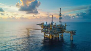 An oil rig in the middle of the ocean. Economy or development concept photo