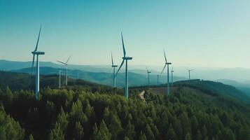 Sustainable energy production concept image. Wind farm on thew top of hills photo