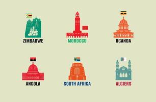 African countries - Zimbabwe, Morocco, Uganda, Angola, South Africa, Algeria. illustration. Business travel and tourism concept with historical buildings. vector