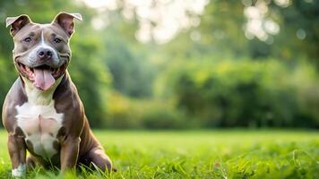 pitbull dog with a cheerful face and sitting on the grass photo
