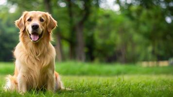 golden retriever dog with happy expression and sitting on the grass photo