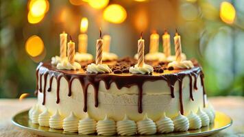 vanilla and chocolate cream birthday cake and a collection of burning birthday candles photo