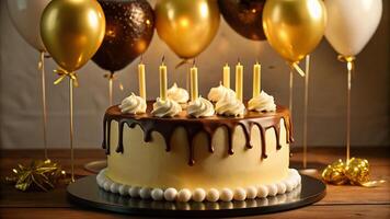 vanilla and chocolate cream birthday cake with some lit candles and some balloons behind the cake photo