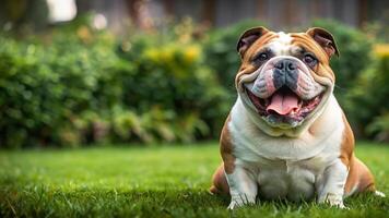 cute bulldog with face facing camera with blur background photo