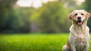 labrador dog sitting on the grass with blur background and empty space on the left side photo