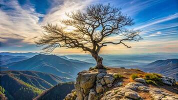 dry tree without leaves on the edge of a cliff with blue sky and shining sun photo