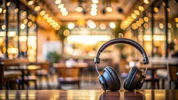 a headphone on a table with a cafe blur background photo