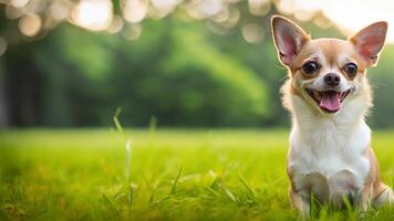 chihuahua dog with a cheerful expression and sitting in the middle of the garden with an empty space on the left side photo