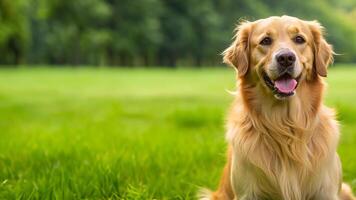 golden retriever dog sitting on grass and trees blur background photo