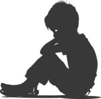 Silhouette sad little boy sitting alone depressed sitting black color only vector