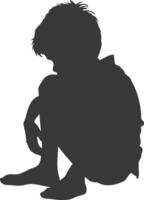 Silhouette sad little boy sitting alone depressed sitting black color only vector