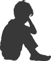 Silhouette sad little boy sitting alone depressed sitting black color only vector