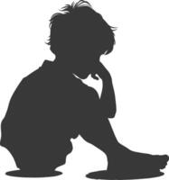 silueta triste pequeño chico sentado solo Deprimido sentado negro color solamente vector